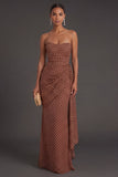 Brown White Dots Mermaid Ruched Long Formal Dress with Drape