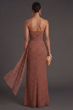 Brown White Dots Mermaid Ruched Long Formal Dress with Drape