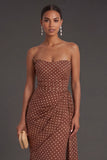 Brown White Dots Mermaid Ruched Long Formal Dress with Drape