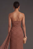 Brown White Dots Mermaid Ruched Long Formal Dress with Drape