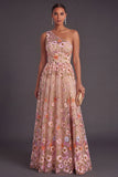 Champagne Floral A Line One Shoulder Long Formal Dress
