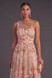 Champagne Floral A Line One Shoulder Long Formal Dress