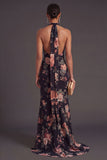 Ivory Floral Mermaid Long Halter Neck Formal Dress