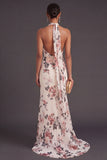 Ivory Floral Mermaid Long Halter Neck Formal Dress