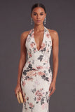 Ivory Floral Mermaid Long Halter Neck Formal Dress