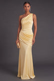 Yellow Mermaid Satin One Shoulder Ruched Long Formal Dress