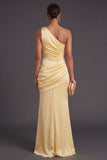 Yellow Mermaid Satin One Shoulder Ruched Long Formal Dress