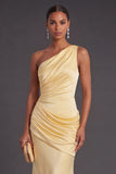 Yellow Mermaid Satin One Shoulder Ruched Long Formal Dress
