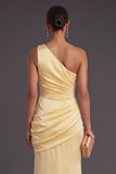 Yellow Mermaid Satin One Shoulder Ruched Long Formal Dress