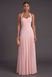 Pink High Waist A Line Long Formal Dress