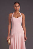 Pink High Waist A Line Long Formal Dress