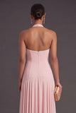 Pink High Waist A Line Long Formal Dress