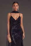 Sparkly Sequined Yellow Spaghetti Straps Long Formal Dress with Slit
