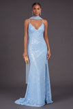 Sparkly Sequined Yellow Spaghetti Straps Long Formal Dress with Slit