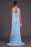 Sparkly Sequined Yellow Spaghetti Straps Long Formal Dress with Slit