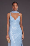 Sparkly Sequined Yellow Spaghetti Straps Long Formal Dress with Slit