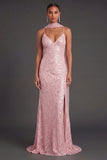 Sparkly Sequined Yellow Spaghetti Straps Long Formal Dress with Slit