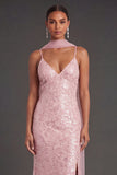 Sparkly Sequined Yellow Spaghetti Straps Long Formal Dress with Slit