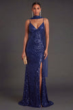 Sparkly Sequined Yellow Spaghetti Straps Long Formal Dress with Slit