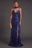 Sparkly Sequined Yellow Spaghetti Straps Long Formal Dress with Slit