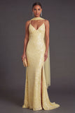 Sparkly Sequined Yellow Spaghetti Straps Long Formal Dress with Slit