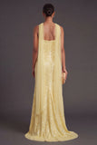 Sparkly Sequined Yellow Spaghetti Straps Long Formal Dress with Slit