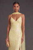 Sparkly Sequined Yellow Spaghetti Straps Long Formal Dress with Slit