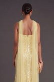 Sparkly Sequined Yellow Spaghetti Straps Long Formal Dress with Slit