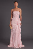 Light Pink Ruffled Mermaid Sparkly Long Formal Dress