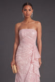 Light Pink Ruffled Mermaid Sparkly Long Formal Dress