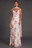 White Pink Floral Neck Scarf Mermaid Long Formal Dress