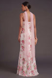 White Pink Floral Neck Scarf Mermaid Long Formal Dress
