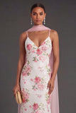 White Pink Floral Neck Scarf Mermaid Long Formal Dress