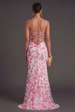 Light Green Floral Mermaid Spaghetti Straps Long Formal Dress