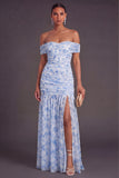 Pink Floral A Line Off the Shoulder Long Formal Dress with Slit