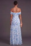 Pink Floral A Line Off the Shoulder Long Formal Dress with Slit