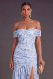 Pink Floral A Line Off the Shoulder Long Formal Dress with Slit