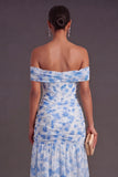 Pink Floral A Line Off the Shoulder Long Formal Dress with Slit
