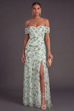 Pink Floral A Line Off the Shoulder Long Formal Dress with Slit