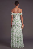 Pink Floral A Line Off the Shoulder Long Formal Dress with Slit