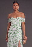 Pink Floral A Line Off the Shoulder Long Formal Dress with Slit