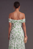 Pink Floral A Line Off the Shoulder Long Formal Dress with Slit