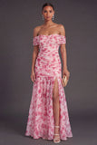 Pink Floral A Line Off the Shoulder Long Formal Dress with Slit
