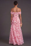 Pink Floral A Line Off the Shoulder Long Formal Dress with Slit