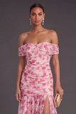 Pink Floral A Line Off the Shoulder Long Formal Dress with Slit