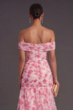 Pink Floral A Line Off the Shoulder Long Formal Dress with Slit