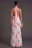 Light Pink Halter Neck Mermaid Floral Long Formal Dress