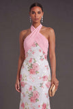 Light Pink Halter Neck Mermaid Floral Long Formal Dress