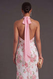 Light Pink Halter Neck Mermaid Floral Long Formal Dress