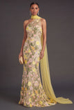 Yellow Mermaid Floral One Shoulder Embroidered Long Formal Dress